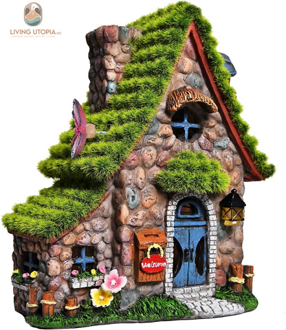 Resin Fairy House Statues with Solar Powered Lights, Funny Garden Sculptures with Flocked and Cobblestone Decor, Exquisite Garden Cottage Figurines