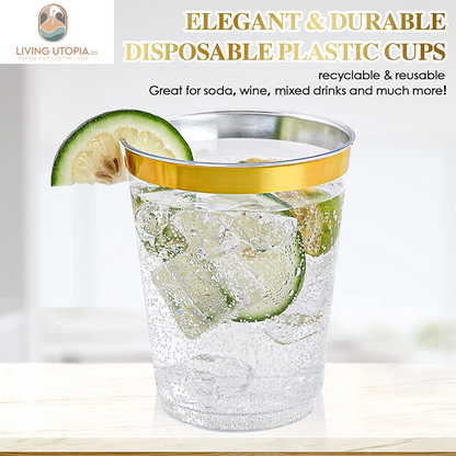 10 Oz Gold Plastic Cups, Disposable Clear Fancy Hard Plastic Cups, Gold Rimmed, Heavy Duty, Reusable,100 Count