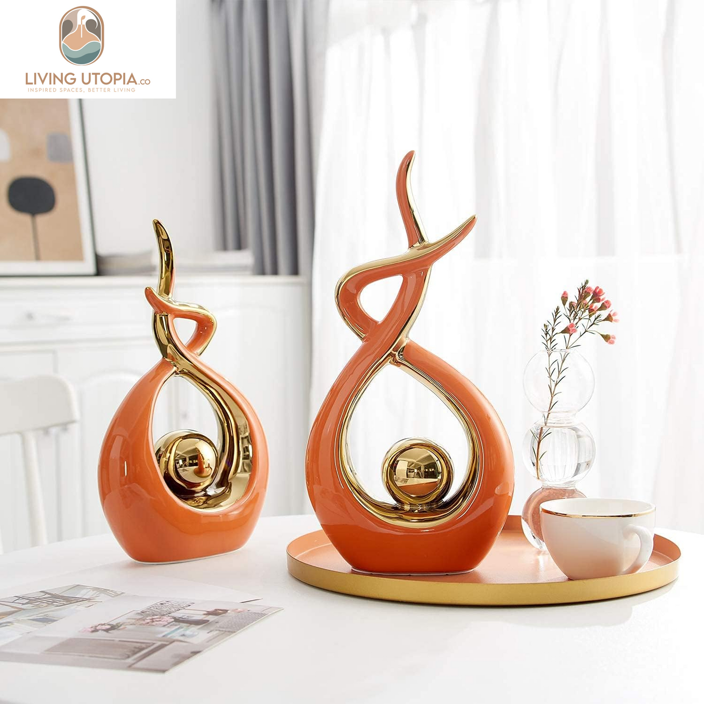 Home Decor Modern Art Ceramic Statue, Orange Coffee Table Decor, Hous Decorations for Living Room Dining Room Table Centerpiece Bookshelf (12.2" H)