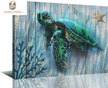 Bathroom Decor Blue Wall Art Canvas Green Sea Turtle Teal Submarine Picture, Blue Modern Landscape Painting Framed for Living Room Bedroom Home Office Wall Decor, 16"X12"