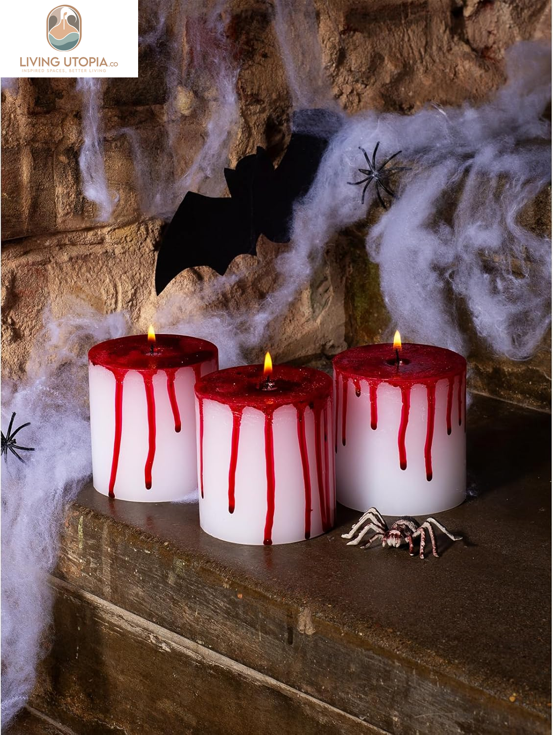 3X3 Pillar Candles Set of 3 - No Drip Candles - Decorative Candles Unscented Ideal as Halloween Candles and Bloody Halloween Decor - Bloody Candles Pillar