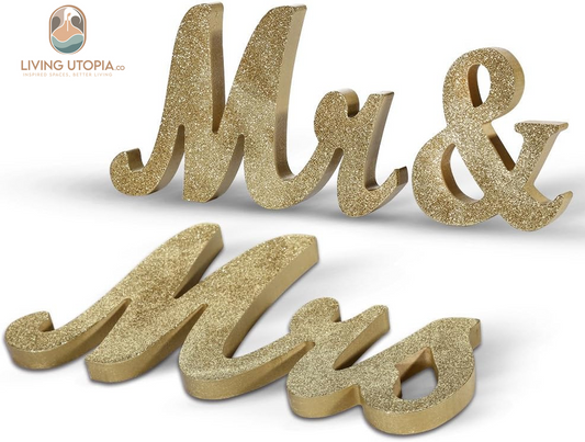 Mr and Mrs Signs Wedding Sweetheart Table Decorations Glitter Wooden Freestanding Letters for Photo Props, Rustic Wedding Decoration, Anniversary Wedding Shower Gift (Golden)