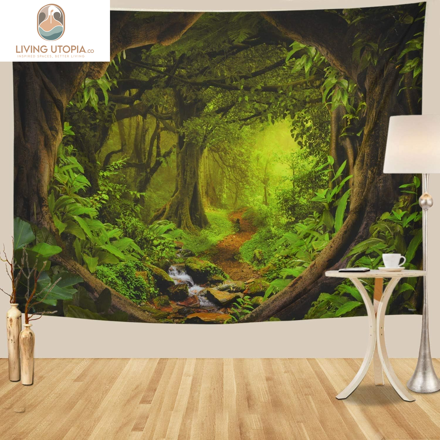 Forest Nature Tapestry - Tree Cave Wall Hanging, Misty Forest Stream through Rainforest Landscape, Jungle Creek Psychedelic for Living Room