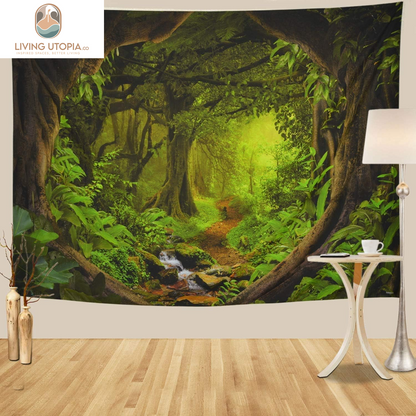 Forest Nature Tapestry - Tree Cave Wall Hanging, Misty Forest Stream through Rainforest Landscape, Jungle Creek Psychedelic for Living Room