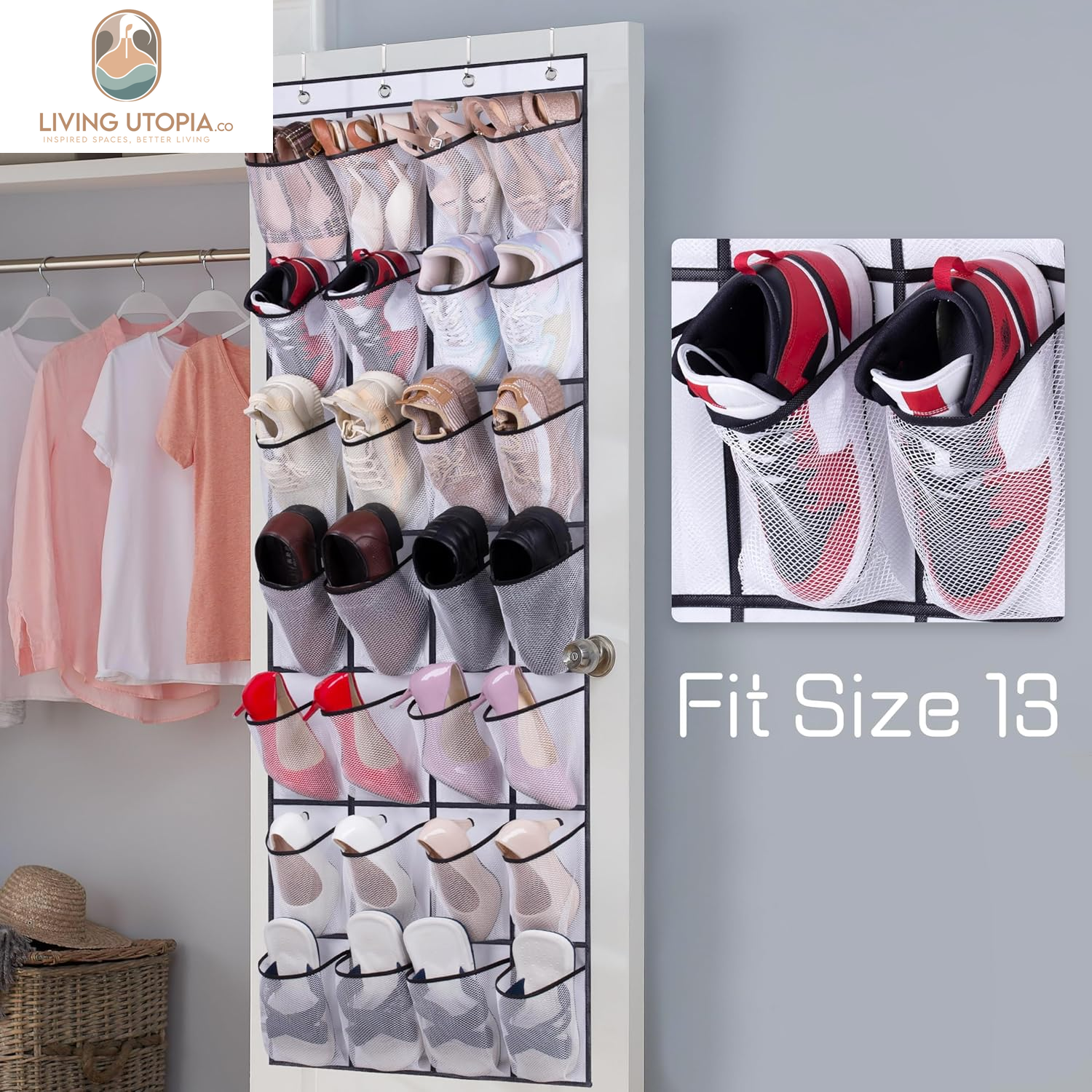 28 Large Mesh Pockets over the Door Shoe Rack, Hanging Shoe Organizer for Closet Hanging Sneaker Holder Hanger, White