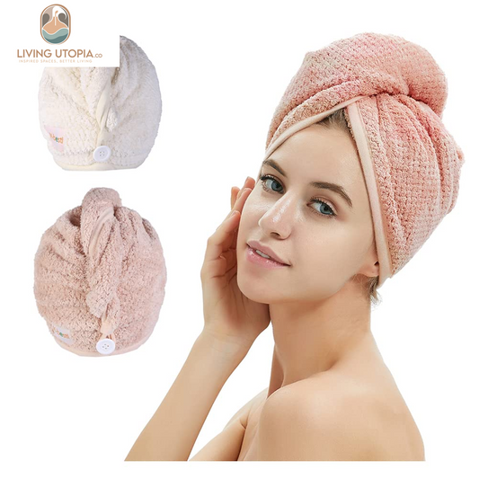2 Pack Microfiber Hair Towel Wrap,Hair Drying Towel with Button, Towel Turban,Head Towel to Dry Hair Quickly (Pink&Beige)