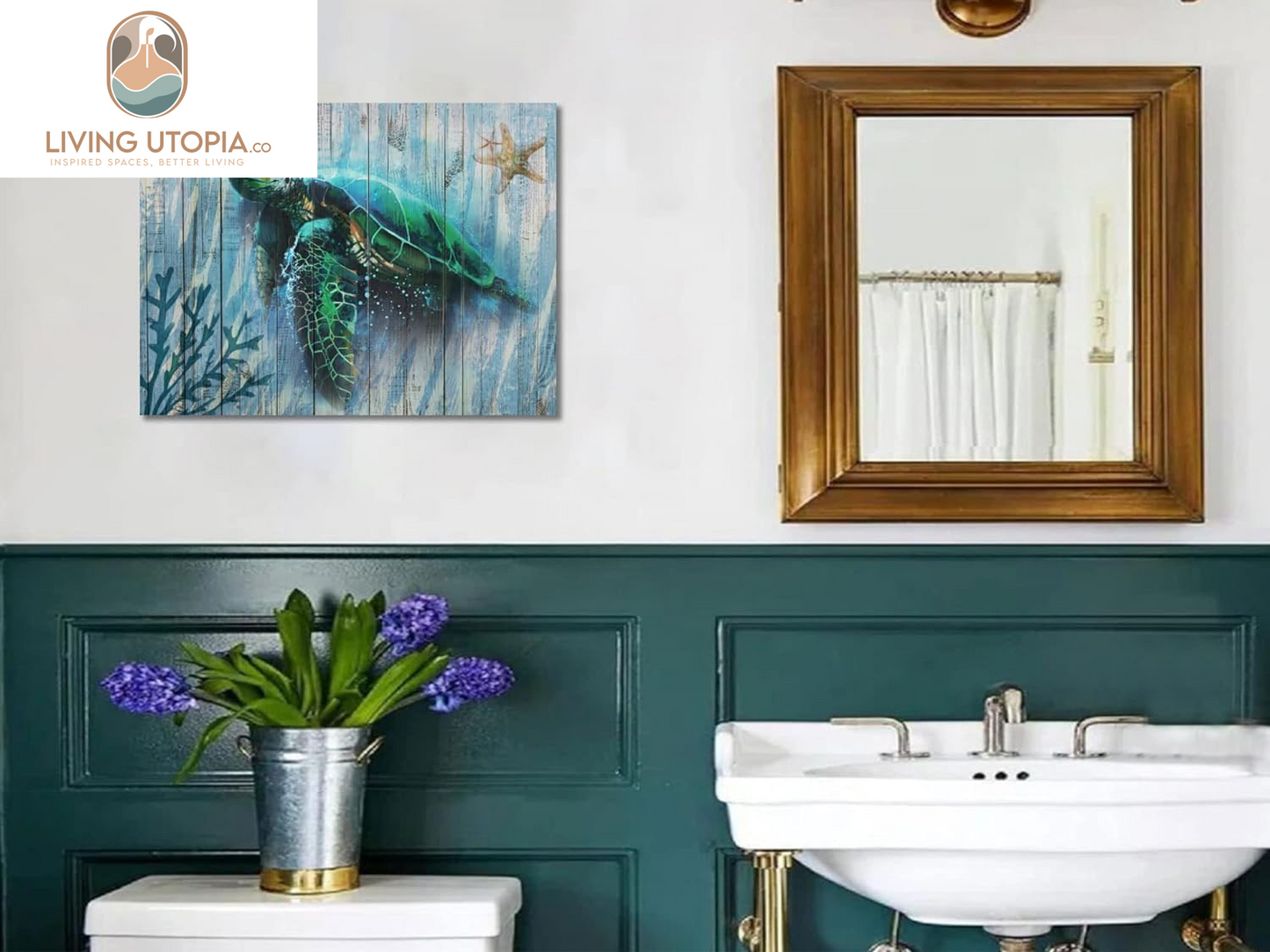 Bathroom Decor Blue Wall Art Canvas Green Sea Turtle Teal Submarine Picture, Blue Modern Landscape Painting Framed for Living Room Bedroom Home Office Wall Decor, 16"X12"