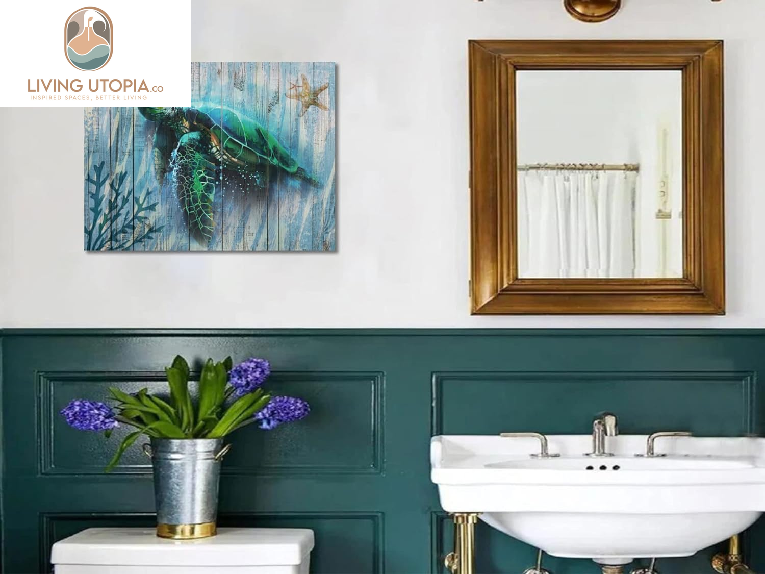 Bathroom Decor Blue Wall Art Canvas Green Sea Turtle Teal Submarine Picture, Blue Modern Landscape Painting Framed for Living Room Bedroom Home Office Wall Decor, 16"X12"
