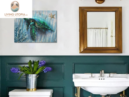 Bathroom Decor Blue Wall Art Canvas Green Sea Turtle Teal Submarine Picture, Blue Modern Landscape Painting Framed for Living Room Bedroom Home Office Wall Decor, 16"X12"
