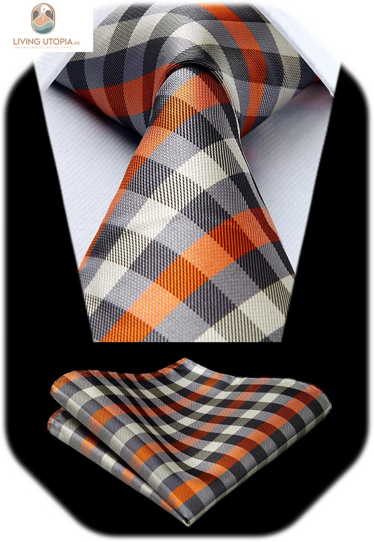 Plaid Checkered Tie Handkerchief Woven Classic Formal Men'S Necktie & Pocket Square Set