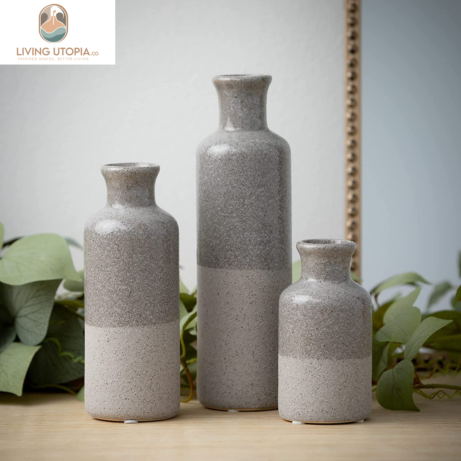 Two-Toned Grey Ceramic Vase Set, Farmhouse Decor, Home Decorative Vases for Your Kitchen, Bedroom, Office, Living Room, Bathroom, & Shelf Centerpiece Table Decorations (CM2859)