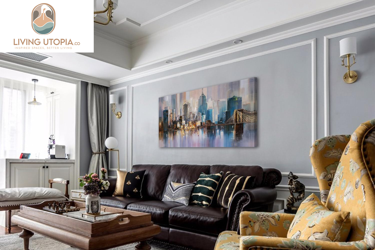 Cityscape Canvas Wall Art Abstract Skyline New York City Painting Prints, Modern Grey Brooklyn Bridge Colorful NYC Picture Framed for Bedroom Living Room Home Office Wall Decor, Large 48"X24"