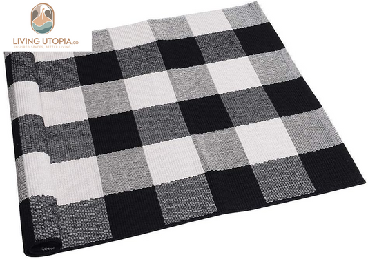 Cotton Buffalo Plaid Rug 2'X3' Black and White Checked Rug Washable Doormats Indoor Outdoor Rugs for Layered Front Door Mats, Porch, Kitchen, Farmhouse, Entryway