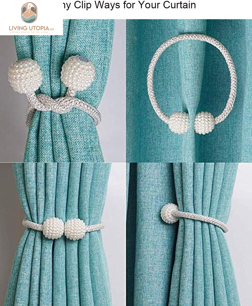 [2 Pack] Magnetic Curtain Tiebacks Convenient Drape Tie Backs,Pearl Decorative Rope Holdback Holder for Small, Thin or Sheer Window Drapries (Gray)…