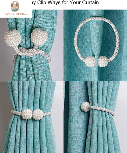 [2 Pack] Magnetic Curtain Tiebacks Convenient Drape Tie Backs,Pearl Decorative Rope Holdback Holder for Small, Thin or Sheer Window Drapries (Gray)…