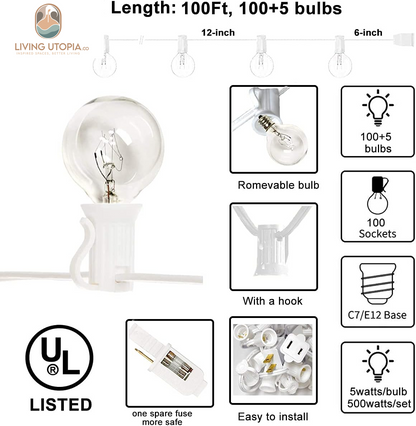 Outdoor String Light G40-100Ft with 105 Edison Glass Bulbs, 5W, E12 Socket Base, UL Listed Waterproof for Patio Lights Bars Party Decor, White