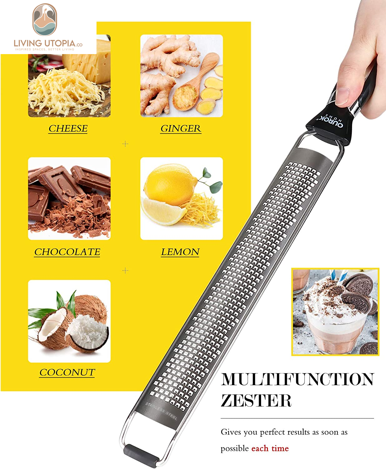 Kitchen Lemon Zester, Stainless Steel Hand Held Parmesan Cheese Grater for Ginger, Chocolate, Coconut, Lime, Nutmeg, Citrus, Fruit, Vegetable with Cleaning Brush, Dishwasher Safe, Black