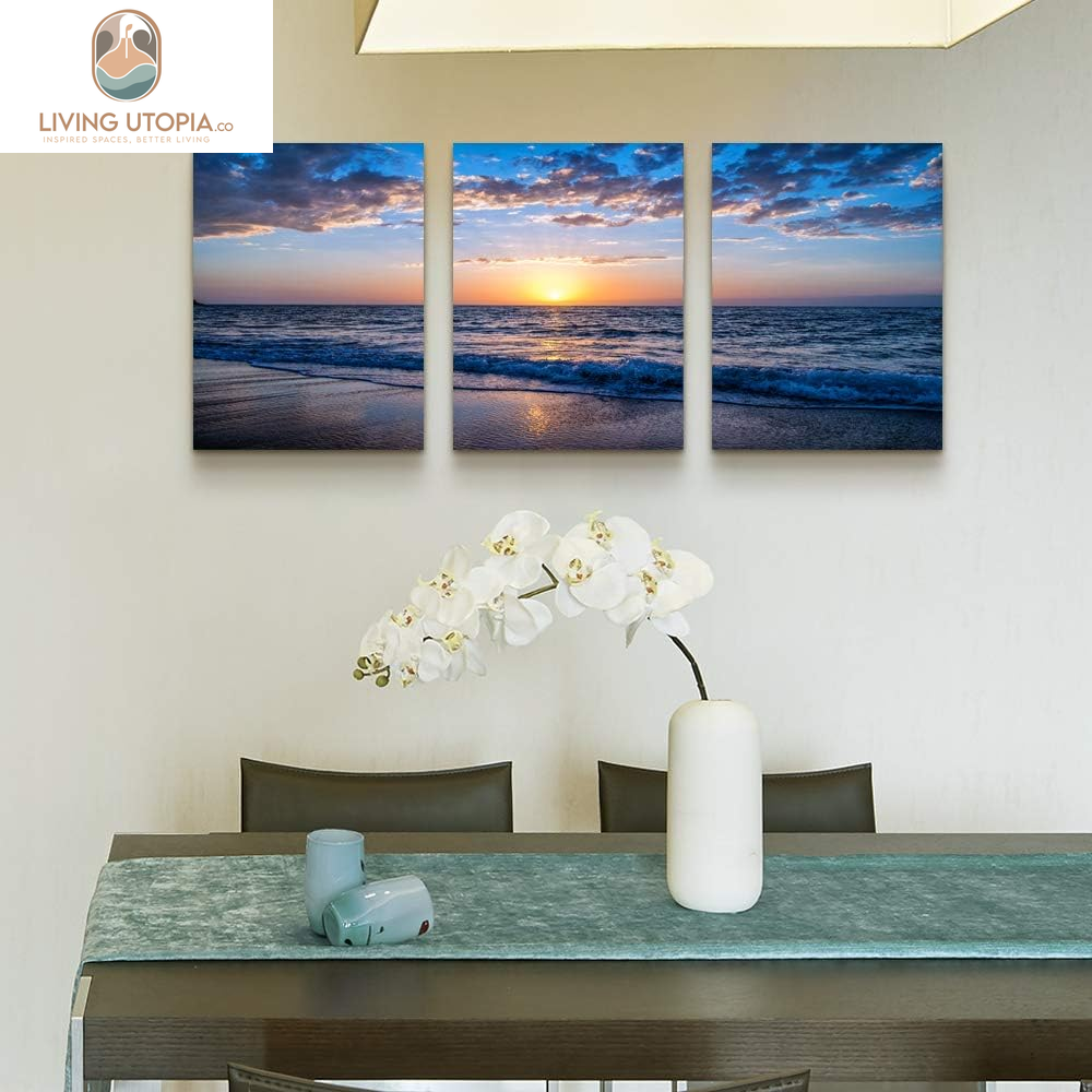 3 Piece Canvas Wall Art -Sunrise Blue Sea View Landscape - Modern Home Decor Room Stretched and Framed Ready to Hang - 12"X16"X3 Panels